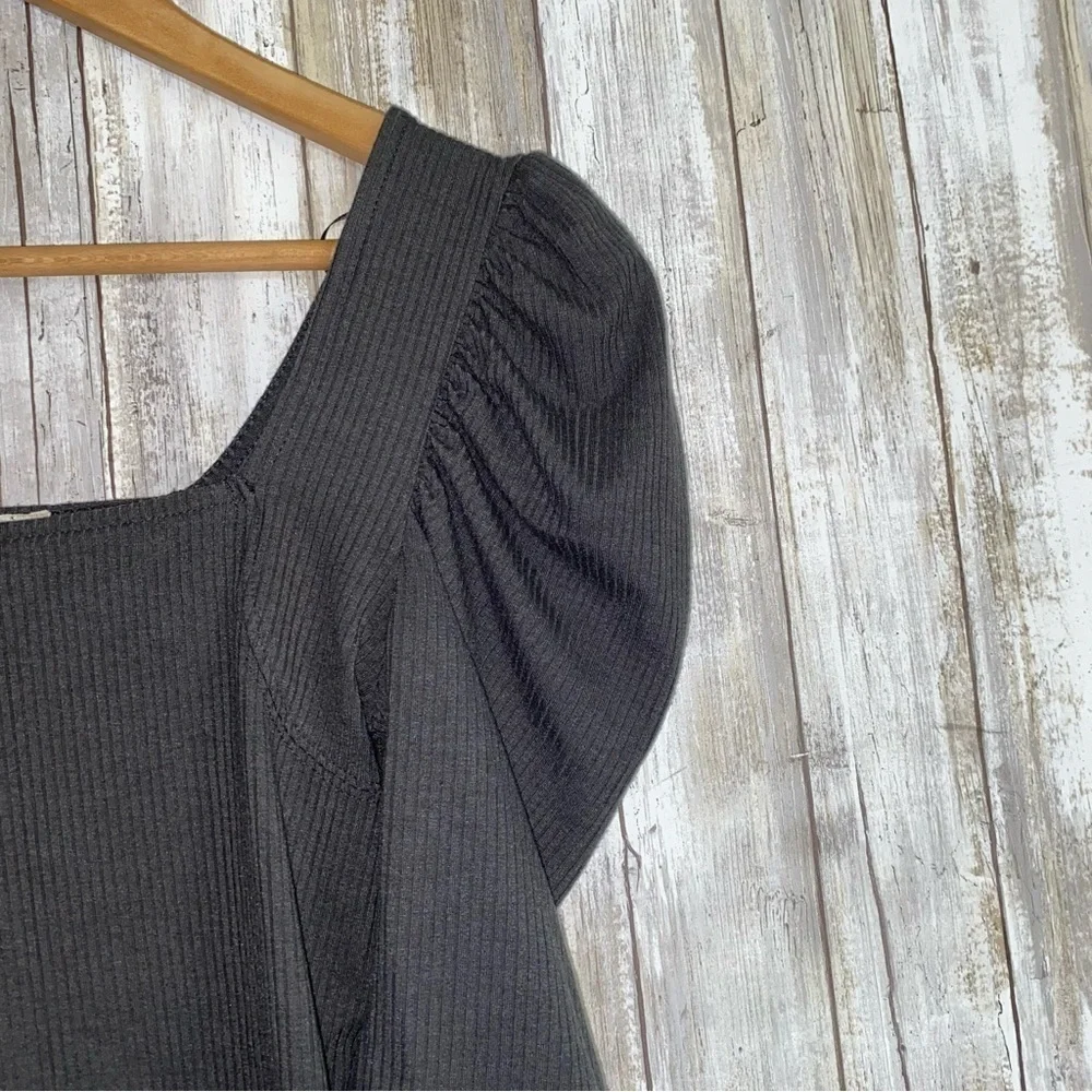 Free People We The Free Night Lil Puff Sleeve Top Gray Square Neck Fitted Blouse